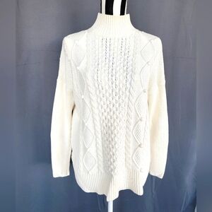 J.Crew White Cable Knit Fisherman Cotton Turtleneck Sweater Size Small